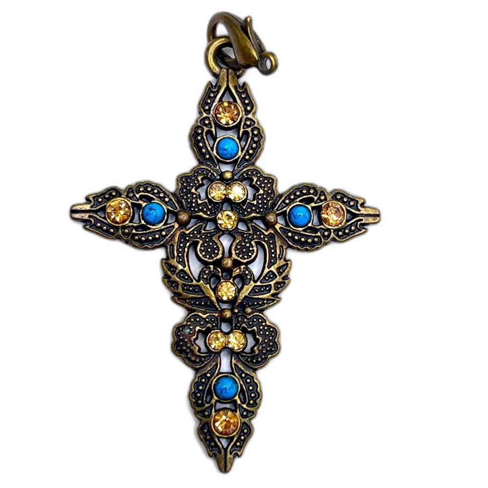 Bronze copper tone Ornate Cross Pendant with Blue turquoise Gold crystal Accents